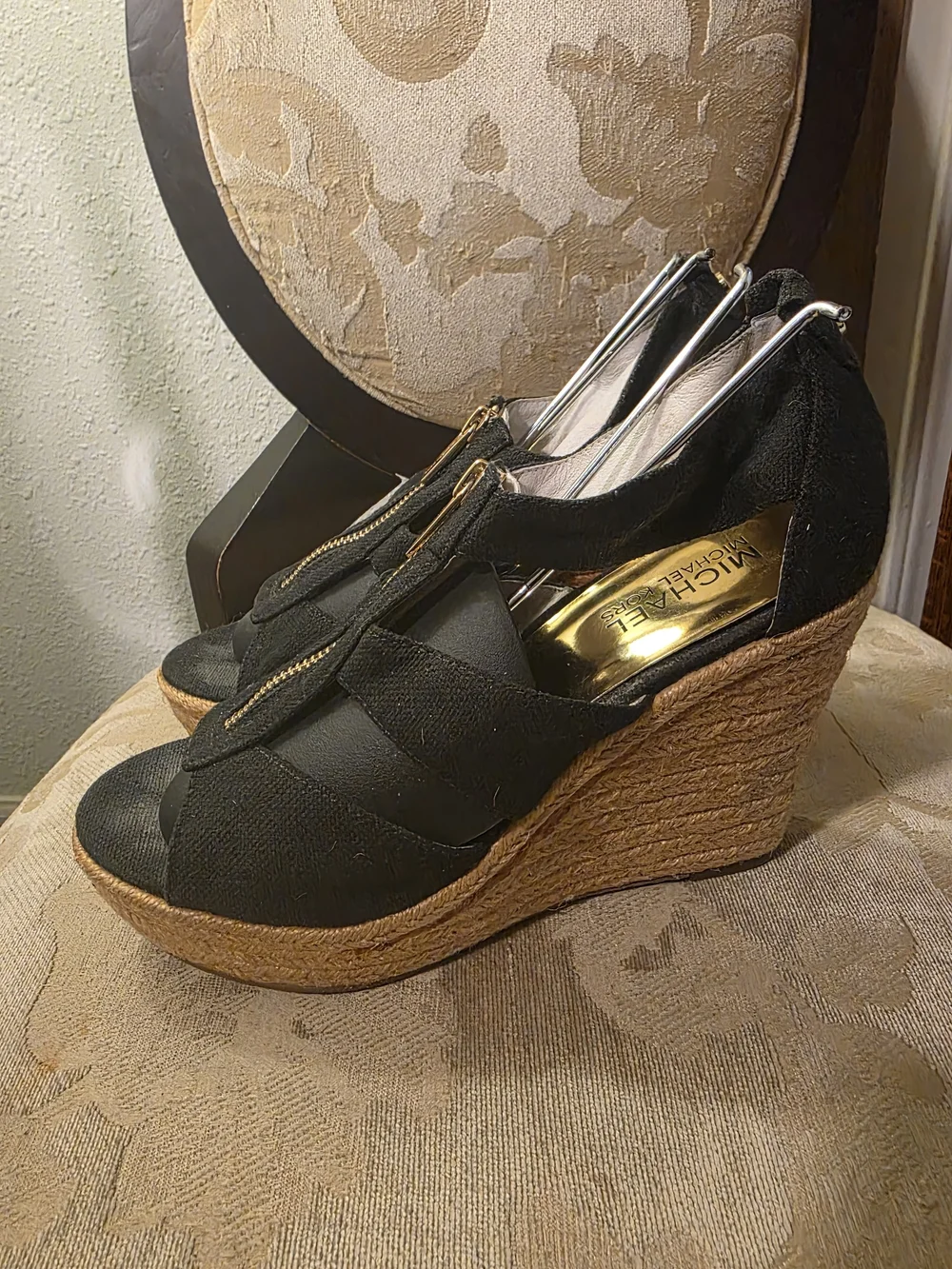 Michael Kors Black Wedge Espadrille Sandals with Gold Zip